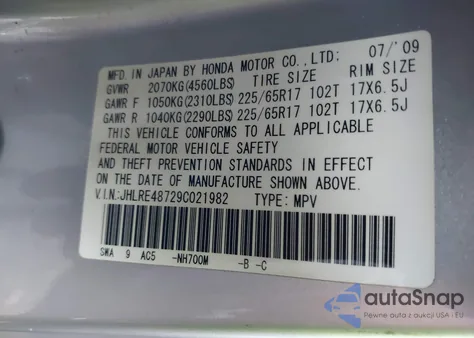 2009 Honda Cr-V Ex-L z USA, uszkodzony, nr VIN JHLRE48729C021982
